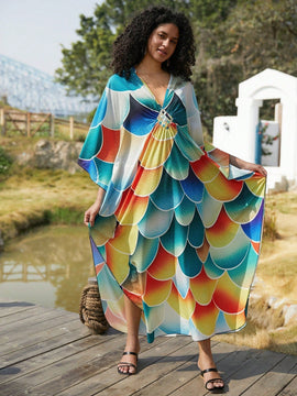 Vestido de punto hecho a mano con aberturas laterales y estampado, vestido de playa de cobertura para mujer