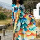 Vestido de punto hecho a mano con aberturas laterales y estampado, vestido de playa de cobertura para mujer