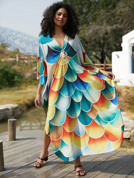Vestido de punto hecho a mano con aberturas laterales y estampado, vestido de playa de cobertura para mujer