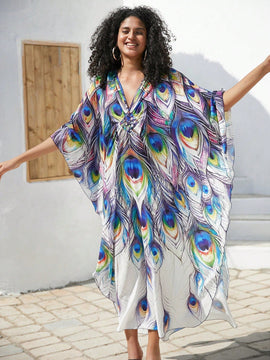 Vestido de punto hecho a mano con aberturas laterales y estampado, vestido de playa de cobertura para mujer