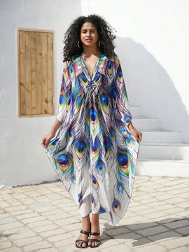 Vestido de punto hecho a mano con aberturas laterales y estampado, vestido de playa de cobertura para mujer