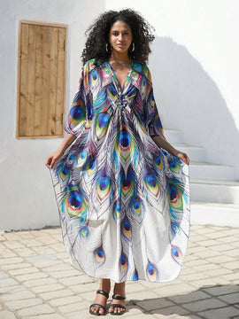 Vestido de punto hecho a mano con aberturas laterales y estampado, vestido de playa de cobertura para mujer