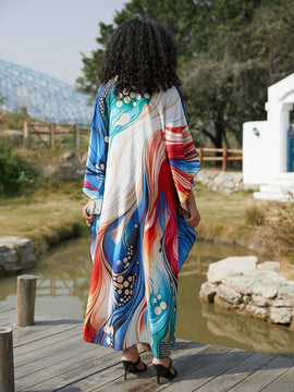 Vestido de punto hecho a mano con aberturas laterales y estampado, vestido de playa de cobertura para mujer