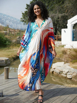 Vestido de punto hecho a mano con aberturas laterales y estampado, vestido de playa de cobertura para mujer