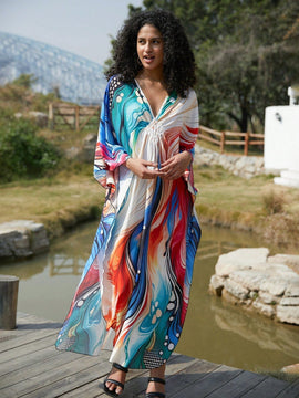 Vestido de punto hecho a mano con aberturas laterales y estampado, vestido de playa de cobertura para mujer