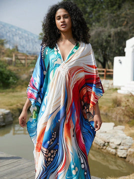 Vestido de punto hecho a mano con aberturas laterales y estampado, vestido de playa de cobertura para mujer