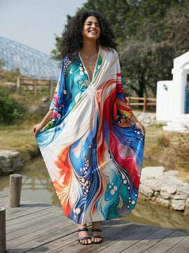 Vestido de punto hecho a mano con aberturas laterales y estampado, vestido de playa de cobertura para mujer