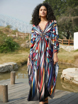 Vestido de punto hecho a mano con aberturas laterales y estampado, vestido de playa de cobertura para mujer