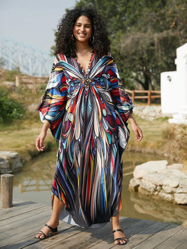 Vestido de punto hecho a mano con aberturas laterales y estampado, vestido de playa de cobertura para mujer