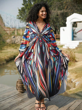 Vestido de punto hecho a mano con aberturas laterales y estampado, vestido de playa de cobertura para mujer