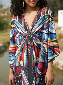 Vestido de punto hecho a mano con aberturas laterales y estampado, vestido de playa de cobertura para mujer