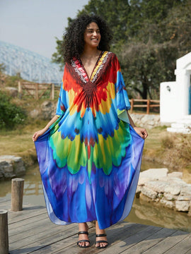 Vestido de punto hecho a mano con aberturas laterales y estampado, vestido de playa de cobertura para mujer