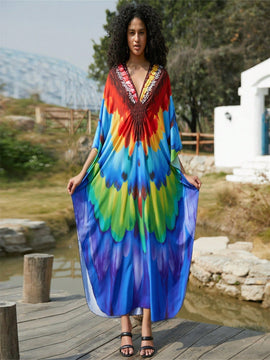 Vestido de punto hecho a mano con aberturas laterales y estampado, vestido de playa de cobertura para mujer