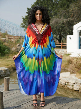 Vestido de punto hecho a mano con aberturas laterales y estampado, vestido de playa de cobertura para mujer