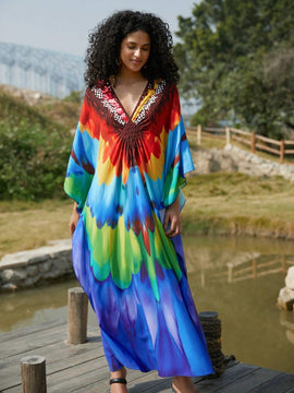 Vestido de punto hecho a mano con aberturas laterales y estampado, vestido de playa de cobertura para mujer