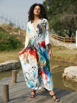 Vestido de punto hecho a mano con aberturas laterales y estampado, vestido de playa de cobertura para mujer