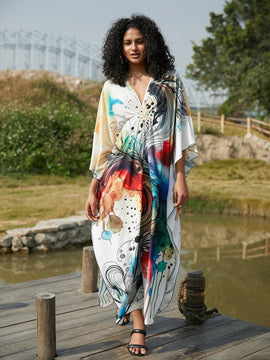 Vestido de punto hecho a mano con aberturas laterales y estampado, vestido de playa de cobertura para mujer