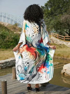 Vestido de punto hecho a mano con aberturas laterales y estampado, vestido de playa de cobertura para mujer
