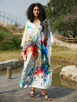 Vestido de punto hecho a mano con aberturas laterales y estampado, vestido de playa de cobertura para mujer