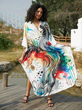 Vestido de punto hecho a mano con aberturas laterales y estampado, vestido de playa de cobertura para mujer