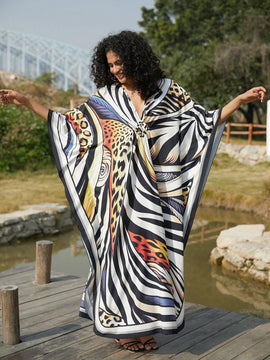 Vestido de punto hecho a mano con aberturas laterales y estampado, vestido de playa de cobertura para mujer