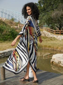 Vestido de punto hecho a mano con aberturas laterales y estampado, vestido de playa de cobertura para mujer