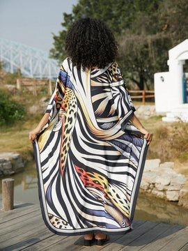 Vestido de punto hecho a mano con aberturas laterales y estampado, vestido de playa de cobertura para mujer