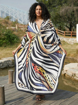 Vestido de punto hecho a mano con aberturas laterales y estampado, vestido de playa de cobertura para mujer