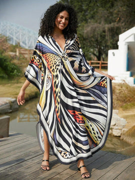 Vestido de punto hecho a mano con aberturas laterales y estampado, vestido de playa de cobertura para mujer