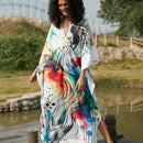 Vestido de punto hecho a mano con aberturas laterales y estampado, vestido de playa de cobertura para mujer