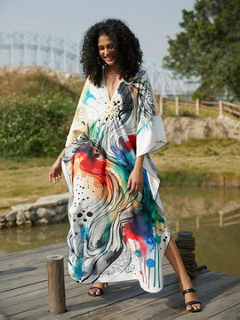 Vestido de punto hecho a mano con aberturas laterales y estampado, vestido de playa de cobertura para mujer
