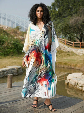 Vestido de punto hecho a mano con aberturas laterales y estampado, vestido de playa de cobertura para mujer
