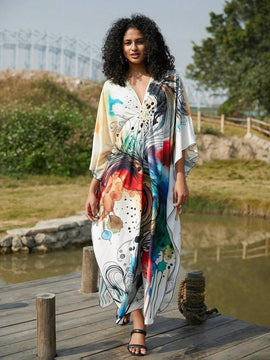 Vestido de punto hecho a mano con aberturas laterales y estampado, vestido de playa de cobertura para mujer