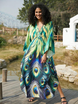 Vestido de punto hecho a mano con aberturas laterales y estampado, vestido de playa de cobertura para mujer