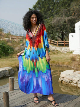 Vestido de punto hecho a mano con aberturas laterales y estampado, vestido de playa de cobertura para mujer
