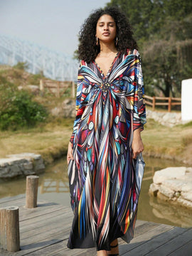Vestido de punto hecho a mano con aberturas laterales y estampado, vestido de playa de cobertura para mujer