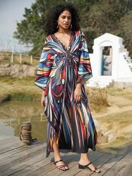 Vestido de punto hecho a mano con aberturas laterales y estampado, vestido de playa de cobertura para mujer