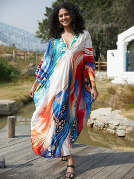 Vestido de punto hecho a mano con aberturas laterales y estampado, vestido de playa de cobertura para mujer