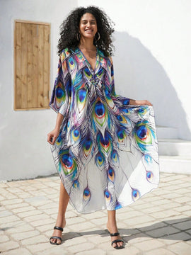 Vestido de punto hecho a mano con aberturas laterales y estampado, vestido de playa de cobertura para mujer