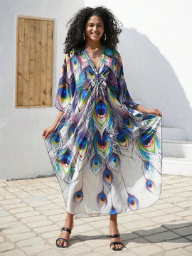 Vestido de punto hecho a mano con aberturas laterales y estampado, vestido de playa de cobertura para mujer