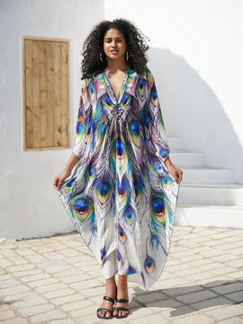 Vestido de punto hecho a mano con aberturas laterales y estampado, vestido de playa de cobertura para mujer