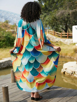 Vestido de punto hecho a mano con aberturas laterales y estampado, vestido de playa de cobertura para mujer