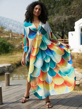 Vestido de punto hecho a mano con aberturas laterales y estampado, vestido de playa de cobertura para mujer