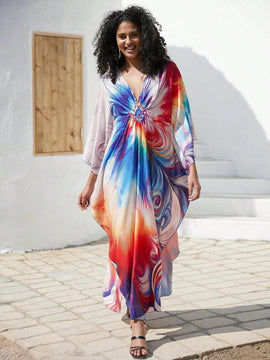 Vestido de punto hecho a mano con aberturas laterales y estampado, vestido de playa de cobertura para mujer