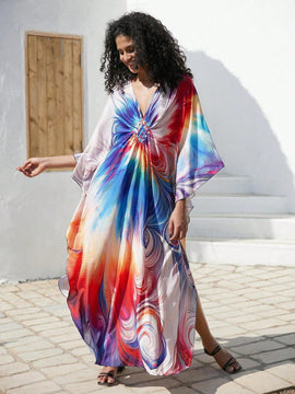 Vestido de punto hecho a mano con aberturas laterales y estampado, vestido de playa de cobertura para mujer