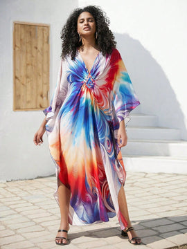 Vestido de punto hecho a mano con aberturas laterales y estampado, vestido de playa de cobertura para mujer