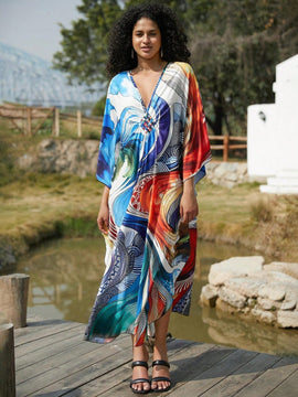 Vestido de punto hecho a mano con aberturas laterales y estampado, vestido de playa de cobertura para mujer