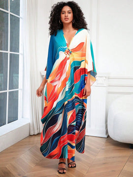 Vestido de punto hecho a mano con aberturas laterales y estampado, vestido de playa de cobertura para mujer