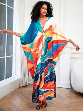 Vestido de punto hecho a mano con aberturas laterales y estampado, vestido de playa de cobertura para mujer