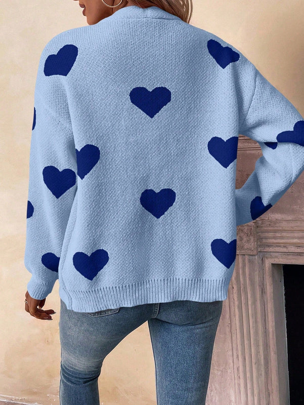Essnce cardigan informal holgado monobotonadura de manga larga con caida en los hombros y estampado de corazon para mujer, otono/invierno
